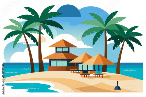 Luxury Beachfront Resort Vector with Cabanas and Palm Trees