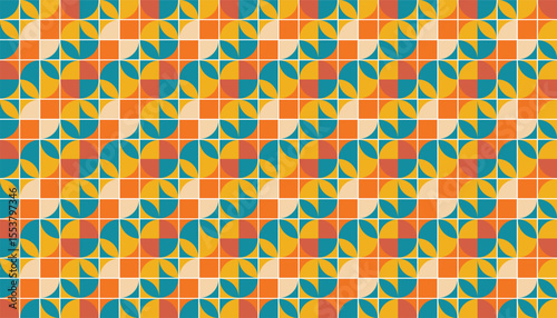 Colorful seamless geometric pattern with retro tones of orange, yellow, teal, and beige. Features rotating quarter-circle segments arranged in a rhythmic, pinwheel-like design. 