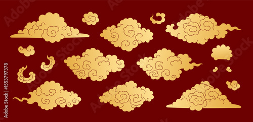 Paper cut Asian clouds collection isolated, gold on red background. Hand drawn flat vector illustration. Chinese, Japanese, Korean design elements, clip art set. Traditional Buddhist thangka art