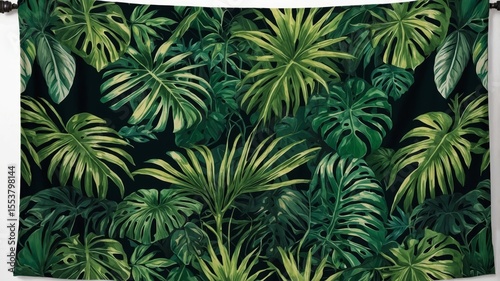 Lush Tropical Foliage Design With Vibrant Leaves Against a Dark Background Creating a Natural and Vibrant Atmosphere in Decor