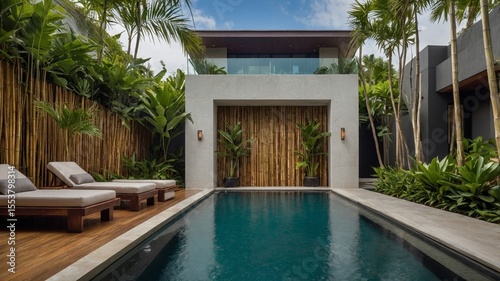Luxurious Pool Surrounded by Tropical Greenery in a Modern Tropical Villa During a Sunny Afternoon