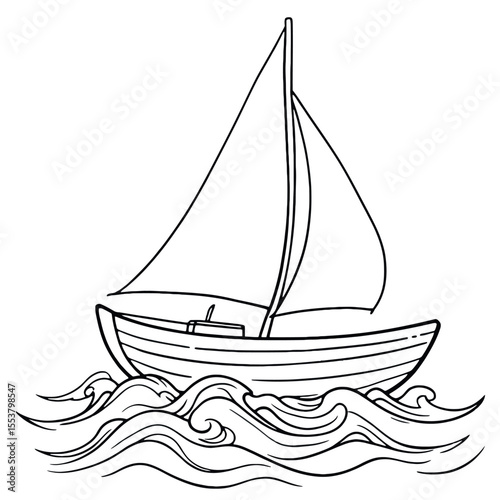 Simple sailboat with full sails gliding across wavy ocean water black and white line art illustration for coloring