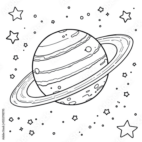 A Simple Line Art Coloring Page Featuring a Ringed Planet and Stars in Outer Space