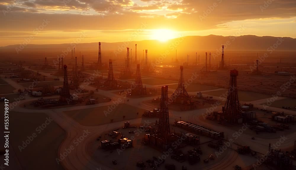 levated Perspective: Extensive Oil Field at Sunset 