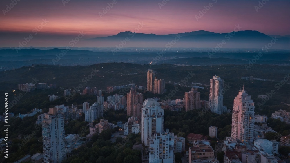 Fototapeta premium Skyline View of Urban City Surrounded by Mountains During Twilight With a Soft Gradient in the Sky