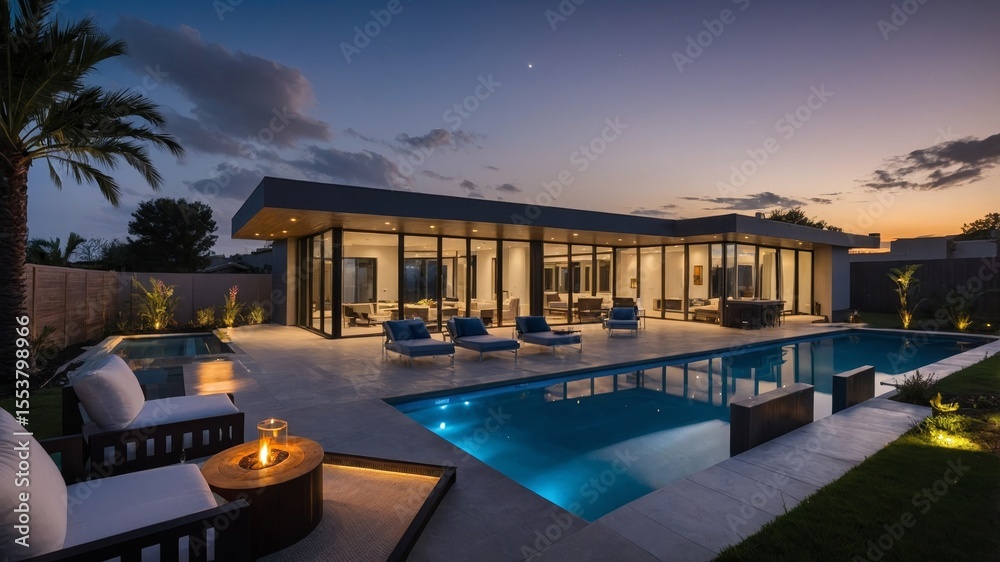 Obraz premium Modern Villa Exterior With Pool and Patio Illuminated at Twilight in a Warm Climate Setting Showcasing Contemporary Architectural Design
