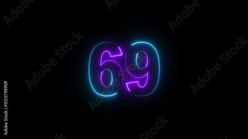 Glowing neon numeric text 69 number countdown icon background 4k animation. Purple and cyan neon font alpha number. Neon number 69 with alpha channel, Energy neon 69 number.