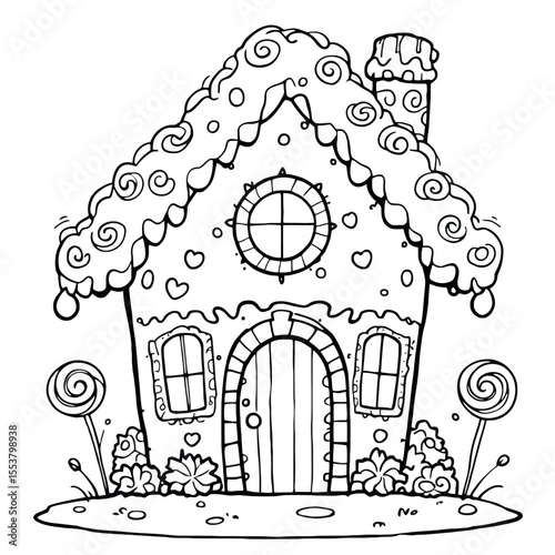 Whimsical Gingerbread House with Swirling Icing and Sweet Decorations Coloring Page