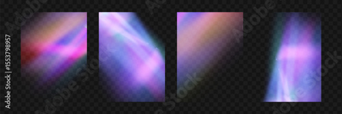 Crystal prism light flare background,transparent rainbow overlay with diamond neon glare effect and iridescent blur.