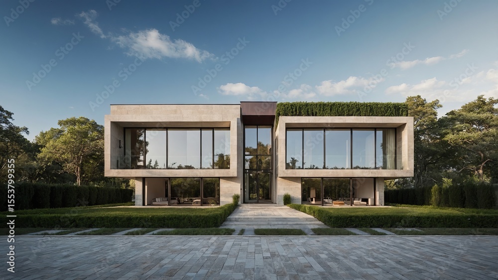 Fototapeta premium Modern Architectural Design Showcases a Spacious Villa Surrounded by Lush Greenery and a Serene Landscape During Daylight