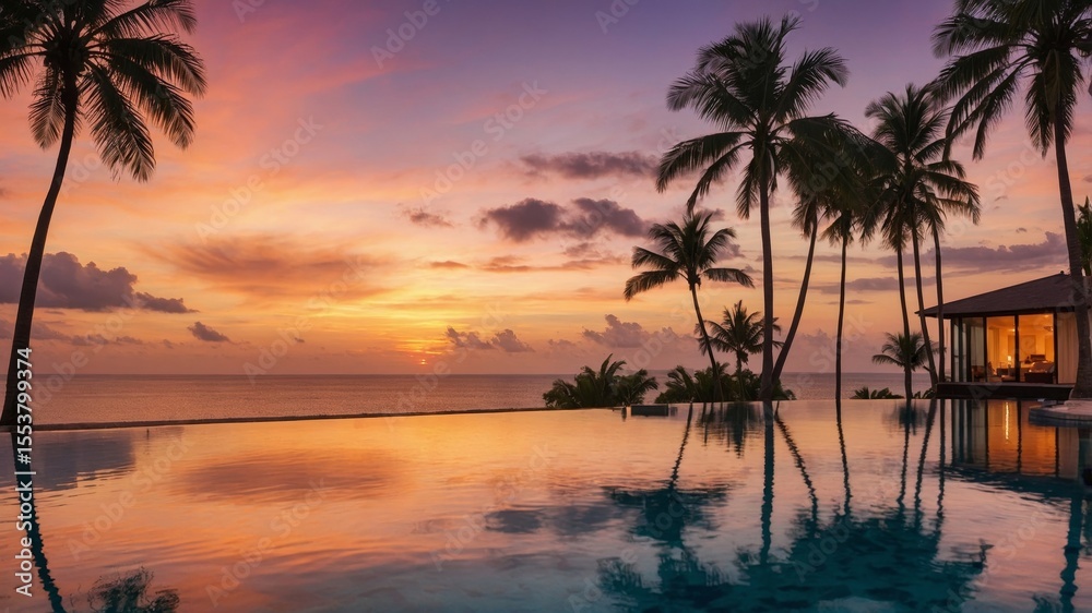 Obraz premium Stunning Sunset View at a Tropical Beach Resort With Palm Trees and a Tranquil Infinity Pool Reflecting Colorful Skies
