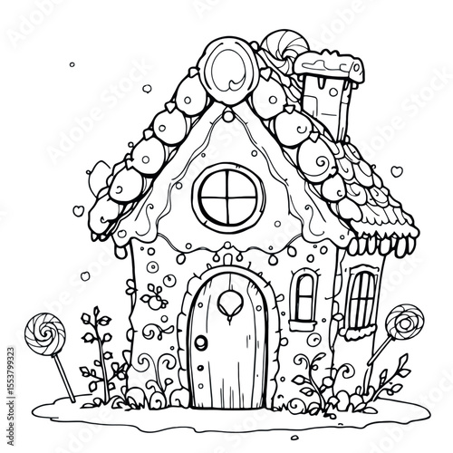 Whimsical Gingerbread House with Candy Decorations and Festive Lights Coloring Page