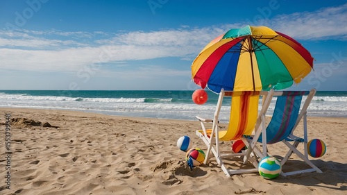 Wallpaper Mural Vibrant Beach Scene With Colorful Umbrella and Lounge Chairs on Golden Sand Under a Clear Blue Sky Torontodigital.ca