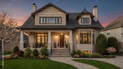 Wallpaper Mural Elegant Suburban House With Well-Maintained Landscaping at Dusk Showcasing Architectural Features and Warm Lights Torontodigital.ca