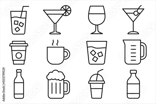 Drink juice fresh water Black outline icons set