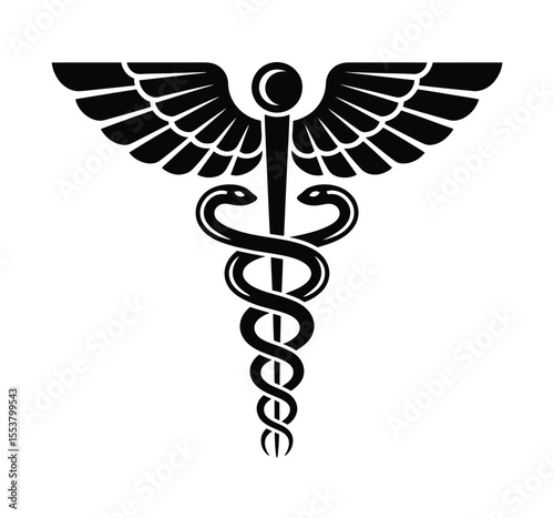 Caduceus Medical Symbol Illustration – Black and White Design with Serpents, Winged Lotus, and Symmetrical Wings