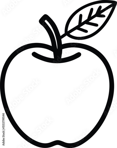 Detailed Black and White Apple Sketch Line Art with Leaf - Clean Outline Drawing for Fruit, Food, and Nature Concepts