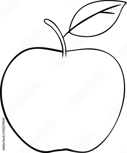 Simple Apple Line Art Illustration with Detailed Leaf - Clean Black Outline Vector for Healthy Food and Nature Designs
