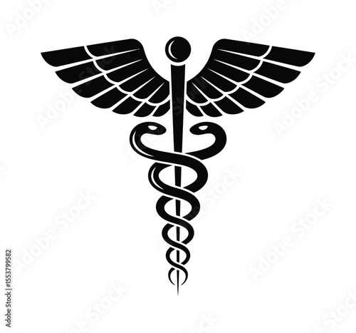 Caduceus Medical Symbol Illustration – Black and White Design with Serpents, Winged Lotus, and Symmetrical Wings