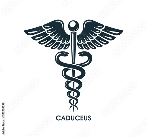Caduceus Medical Symbol Illustration – Black and White Design with Serpents, Winged Lotus, and Symmetrical Wings