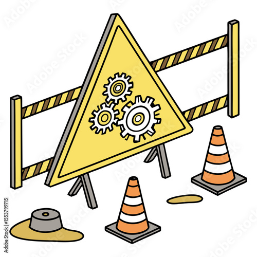A yellow hazard sign with animated gears turning, cones lined up, and striped danger tape marking the perimeter