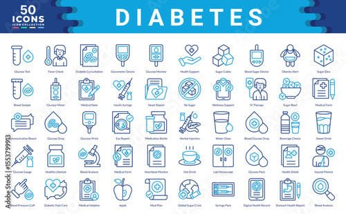 Diabetes icon collection set. Simple color outline vector illustrations.