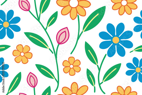 Seamless floral pattern with blue orange and pink flowers green leaves and stems on