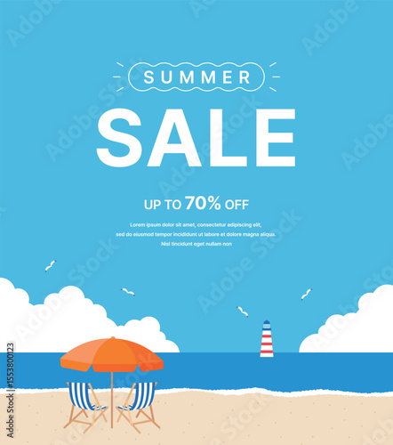 Summer sea beach sale banner with blue sky, clouds, sandy beach, striped chairs, orange parasol and lighthouse. Perfect for seasonal promotions or vacation advertising.