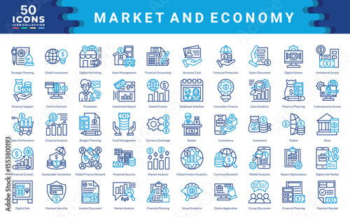 Market And Economy icon collection. Simple color outline vector illustration.