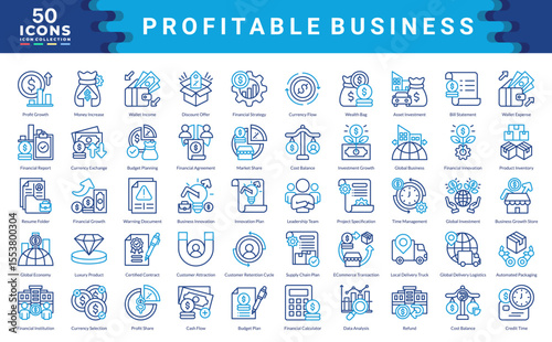 Profitable Business icon collection. Simple color outline vector illustrations.