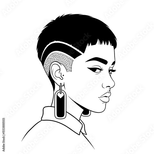 Trendy woman with a short haircut and geometric undercut showcasing modern style and confidence Pixie cut with undercut detail and bold earrings