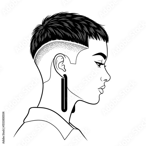 Pixie cut with undercut detail and bold earrings Edgy woman with a stylish short haircut showcasing a bold and modern look