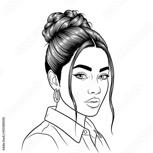 Elegant woman with a stylish bun hairstyle showcasing grace and modern beauty Messy high bun with flyaway strands and hair sticks