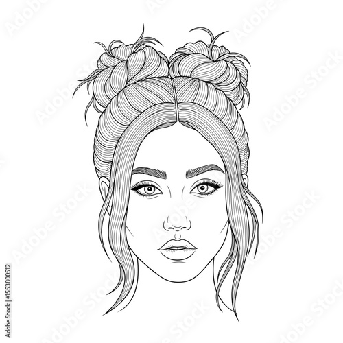 Half-up space buns with textured hair (fun & youth style) Trendy woman with double bun hairstyle showcasing playful elegance and youthful spirit