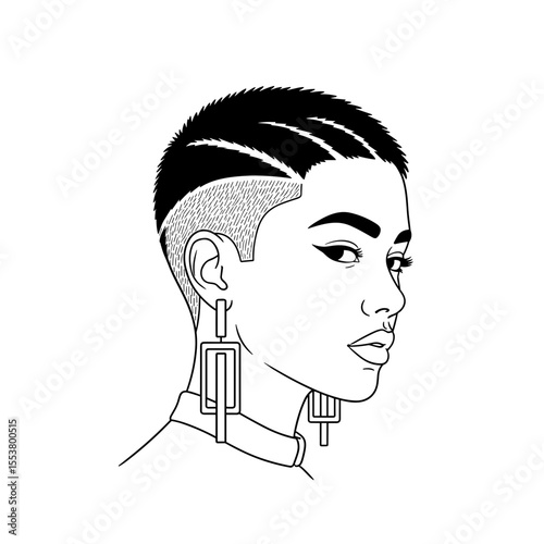 Pixie cut with undercut detail and bold earrings Fashion-forward woman with a cropped hairstyle showcasing a stylish and confident look