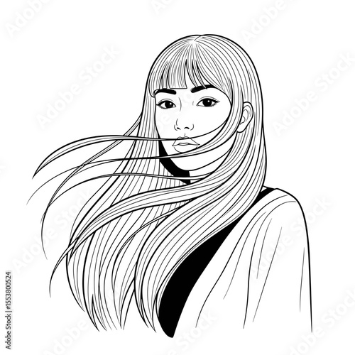 Serene woman with long, flowing hair in the wind, showcasing a stylish and graceful look Long straight hair flowing in wind — graceful motion