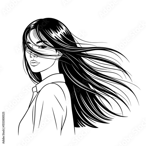 Woman with long flowing hair enjoying the breeze in a stylish outfit Long straight hair flowing in wind — graceful motion