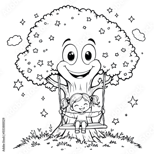 Whimsical Line Art Coloring Page Featuring a Happy Girl Swinging on a Friendly Tree