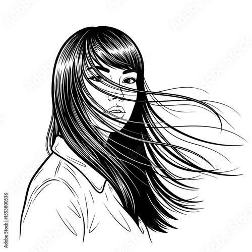 Stylish woman with long, flowing hair in the wind, expressing freedom and elegance Long straight hair flowing in wind — graceful motion