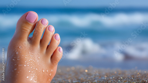 Summer Slippers with Glossy Pedicure on Beach Foot Close-up