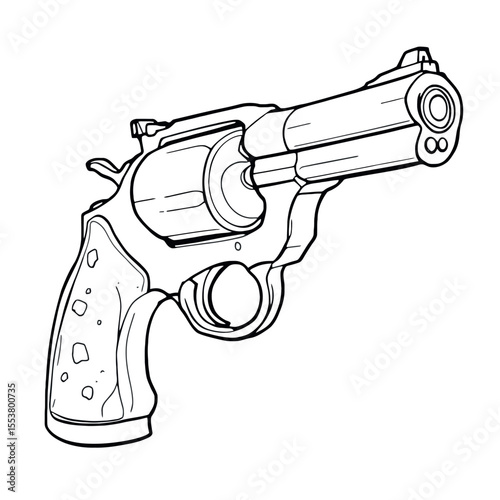 Classic Revolver Handgun Side View Line Art Coloring Page Vector Illustration