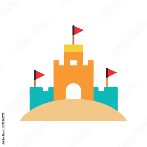 Beach sandcastle decorated with waving flags Vector illustration