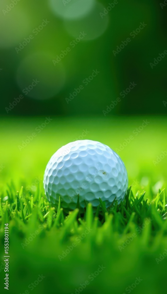 Fototapeta premium Close-up of golf ball resting on lush green grass, close-up, field