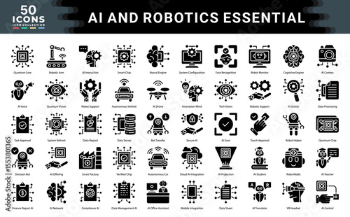 AI And Robotics Essential icon collection set. Simple glyph vector illustration.