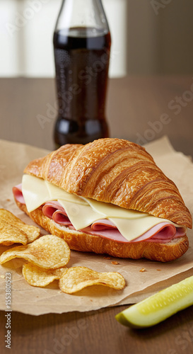 Ham and cheese croissant sandwich with chips and soda