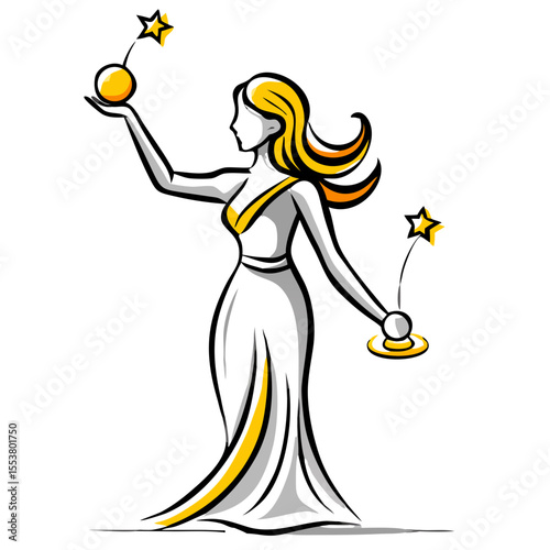 Virgo zodiac sign in a fluttering dress holds heavenly bodies and stars