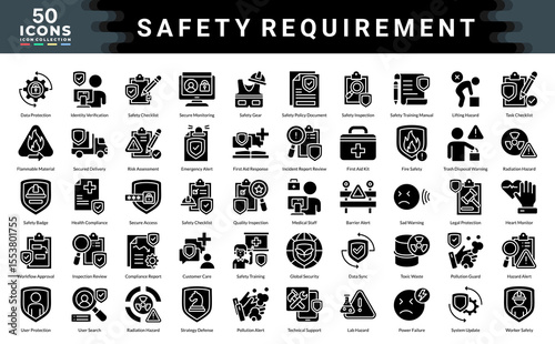 Safety Requirement icon collection. Simple glyph vector illustrations.