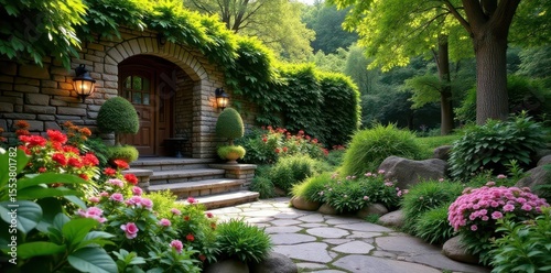 Serene stone garden oasis with blooming flowers and lush greenery, background, outdoor