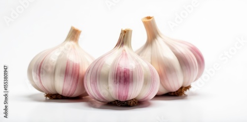 Whole fresh garlic bulbs, papery skin, white background, food, harvest, healthy