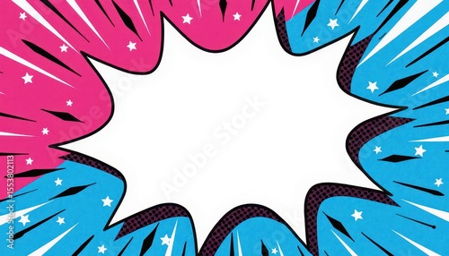 wham style comic burst layout with a bright pink and blue theme, bold white starburst shape in center, thick ink outlines, and layered retro dot patterns on every corner.